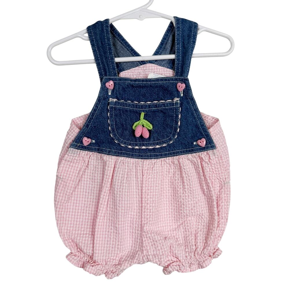 Vtg 90s Denim Pink Gingham Bubble Romper Hearts Unbranded - 3-6 Months